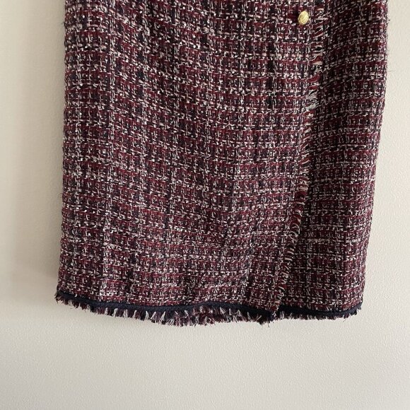 Talbots Women 10 Burgundy Tweed Fringe Hem Button Faux Wrap Pencil Skirt - Picture 4 of 11